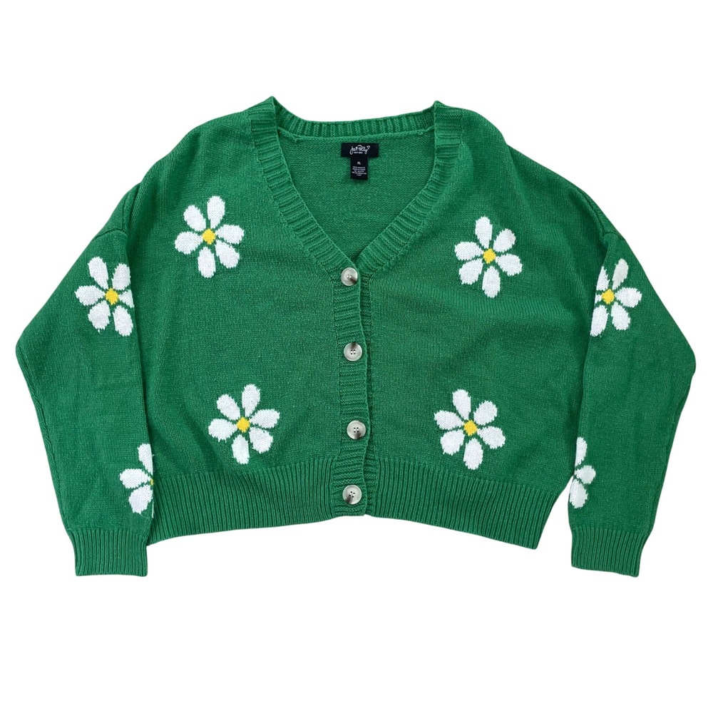Just‎ Polly New York Green Daisy Floral Knit Button Front Cardigan Sweater XL